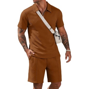 COOFANDY Men Short Sets 2 Piece Outfits Casual Quarter Zip Polo Shorts Sets Textured Summer Outfits Fashion Tracksuit Golf(Light Brown)