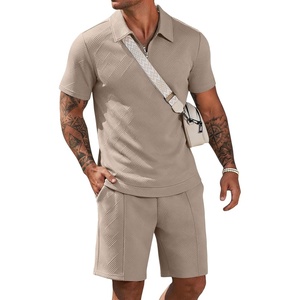 COOFANDY Men Short Sets 2 Piece Outfits Casual Quarter Zip Polo Shorts Sets Textured Summer Outfits Fashion Tracksuit Golf(Moon Gray)