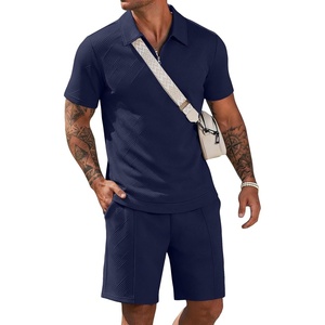 COOFANDY Men Short Sets 2 Piece Outfits Casual Quarter Zip Polo Shorts Sets Textured Summer Outfits Fashion Tracksuit Golf(Navy Blue)