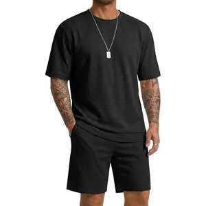 COOFANDY Men’s Cotton Waffle 2 Piece Outfits Casual Short Sleeve Shirts and Shorts Set Summer Jogging Tracksuit Lounge Sets(Black)