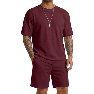 COOFANDY Men’s Cotton Waffle 2 Piece Outfits Casual Short Sleeve Shirts and Shorts Set Summer Jogging Tracksuit Lounge Sets(Dark Red)