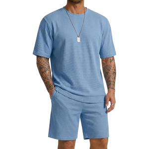 COOFANDY Men’s Cotton Waffle 2 Piece Outfits Casual Short Sleeve Shirts and Shorts Set Summer Jogging Tracksuit Lounge Sets(Light Blue)