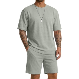 COOFANDY Men’s Cotton Waffle 2 Piece Outfits Casual Short Sleeve Shirts and Shorts Set Summer Jogging Tracksuit Lounge Sets(Light Green)