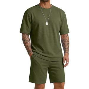 COOFANDY Men’s Cotton Waffle 2 Piece Outfits Casual Short Sleeve Shirts and Shorts Set Summer Jogging Tracksuit Lounge Sets(Military Green)