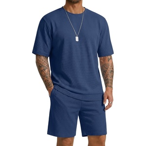 COOFANDY Men’s Cotton Waffle 2 Piece Outfits Casual Short Sleeve Shirts and Shorts Set Summer Jogging Tracksuit Lounge Sets(Navy Blue)