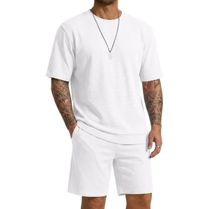 COOFANDY Men’s Cotton Waffle 2 Piece Outfits Casual Short Sleeve Shirts and Shorts Set Summer Jogging Tracksuit Lounge Sets(White)