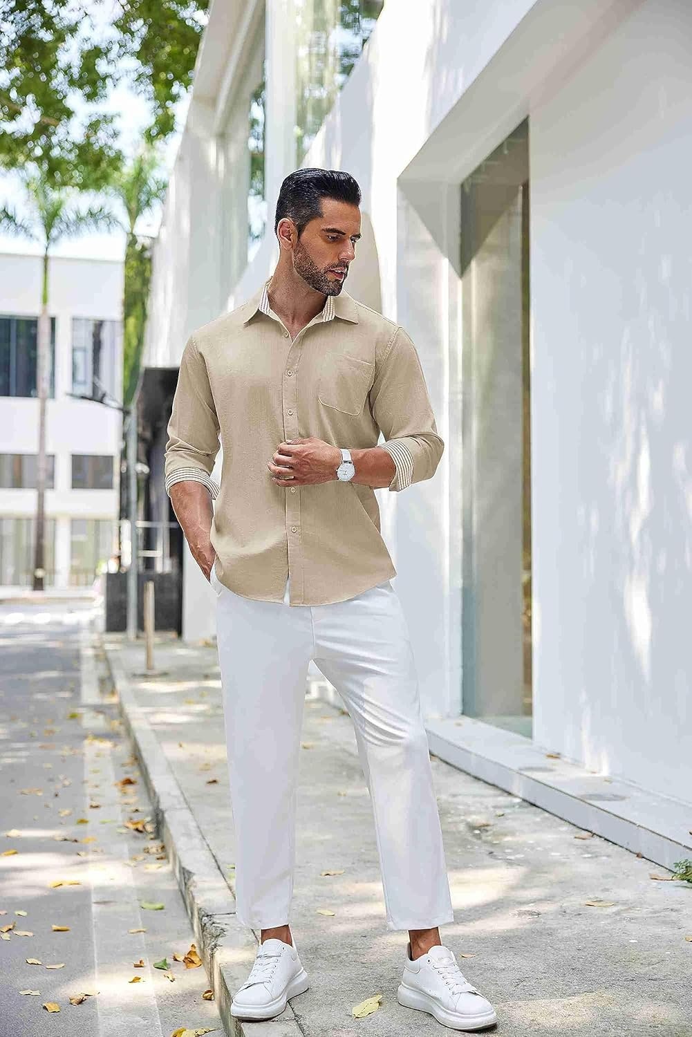 image:imageCOOFANDY Mens Linen Shirts Long Sleeve Casual Button Down Shirts for Men Summer Beach Wedding Shirt Khaki XLarge