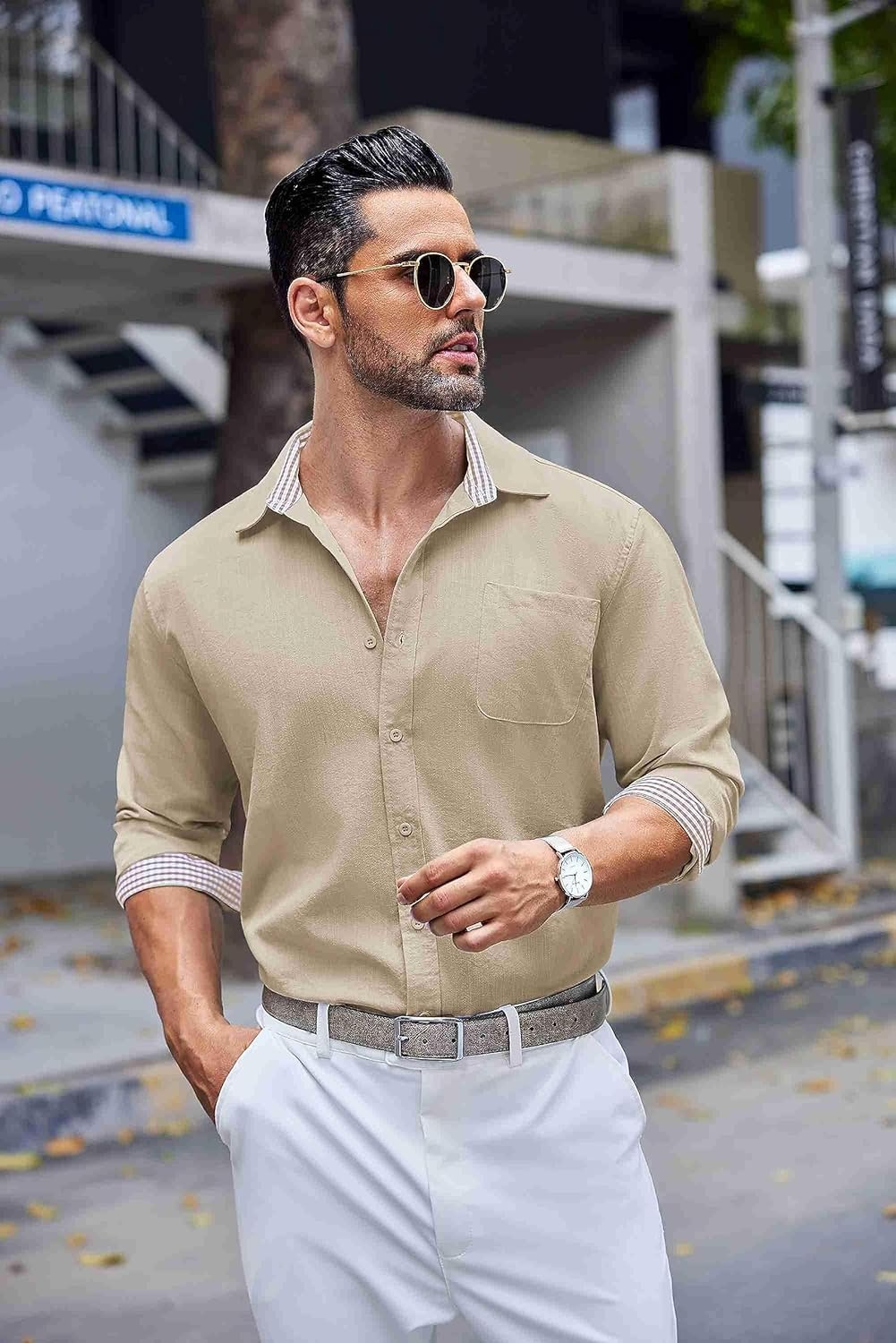 image:imageCOOFANDY Mens Linen Shirts Long Sleeve Casual Button Down Shirts for Men Summer Beach Wedding Shirt Khaki XLarge
