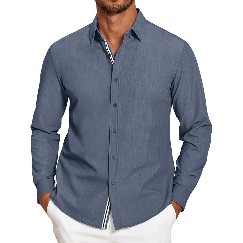 image:imageCOOFANDY Mens Casual Button Down Shirt Untucked Long Sleeve Stretch Denim Dress ShirtDusty Blue