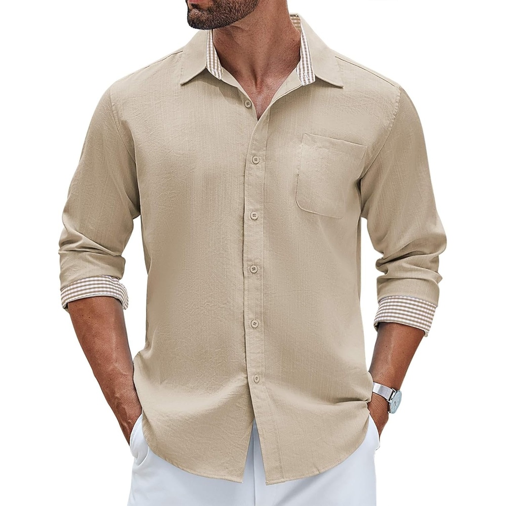 image:imageCOOFANDY Mens Linen Shirts Long Sleeve Casual Button Down Shirts for Men Summer Beach Wedding Shirt Khaki XLarge