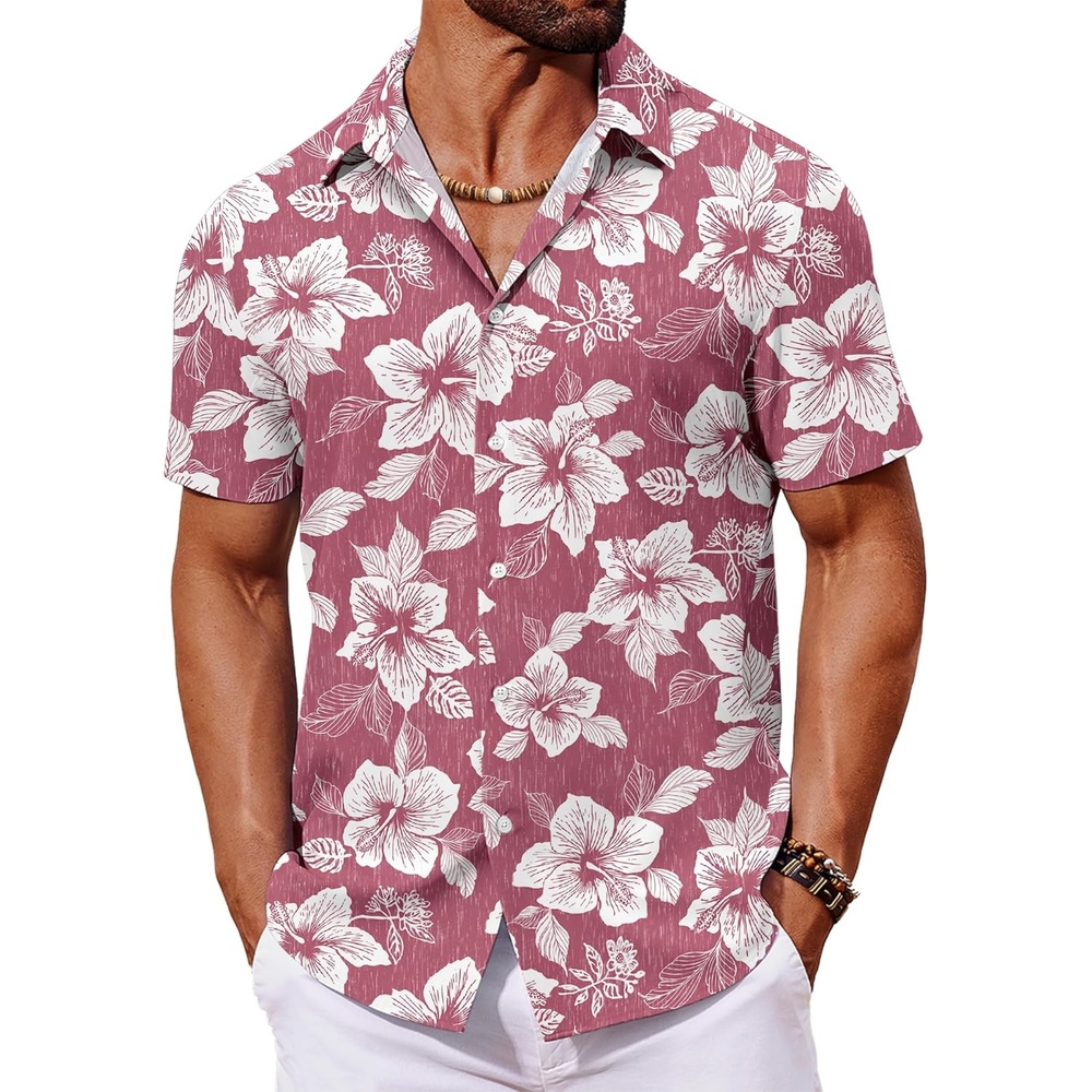 image:imageCOOFANDY Mens Hawaiian Shirt Short Sleeve Button Down Shirts Tropical Floral Summer Beach ShirtsDusty Pink White Floral