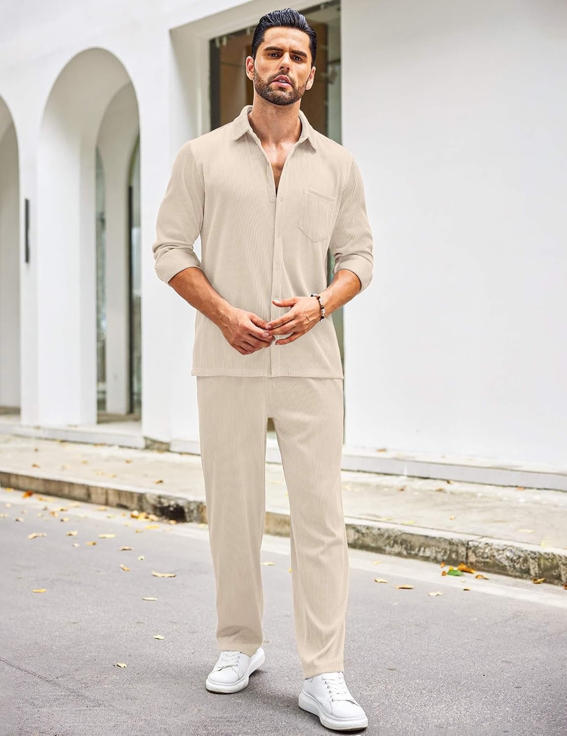 image:imageCOOFANDY Mens 2 Piece Outfits Casual Long Sleeve Button Down Shirt and Pants Sets Loungewear Streetwear Walking Suits