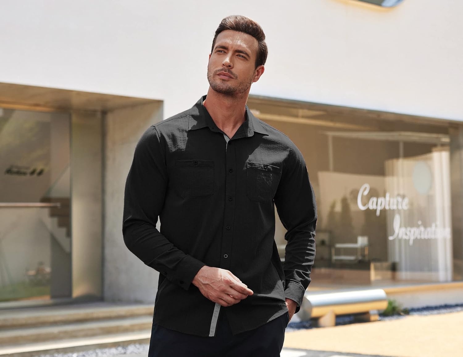 image:imageCOOFANDY Mens Shirt Slim Fit Dress Solid Button Down Work Business with Pockets 01Black Large Long Sleeve