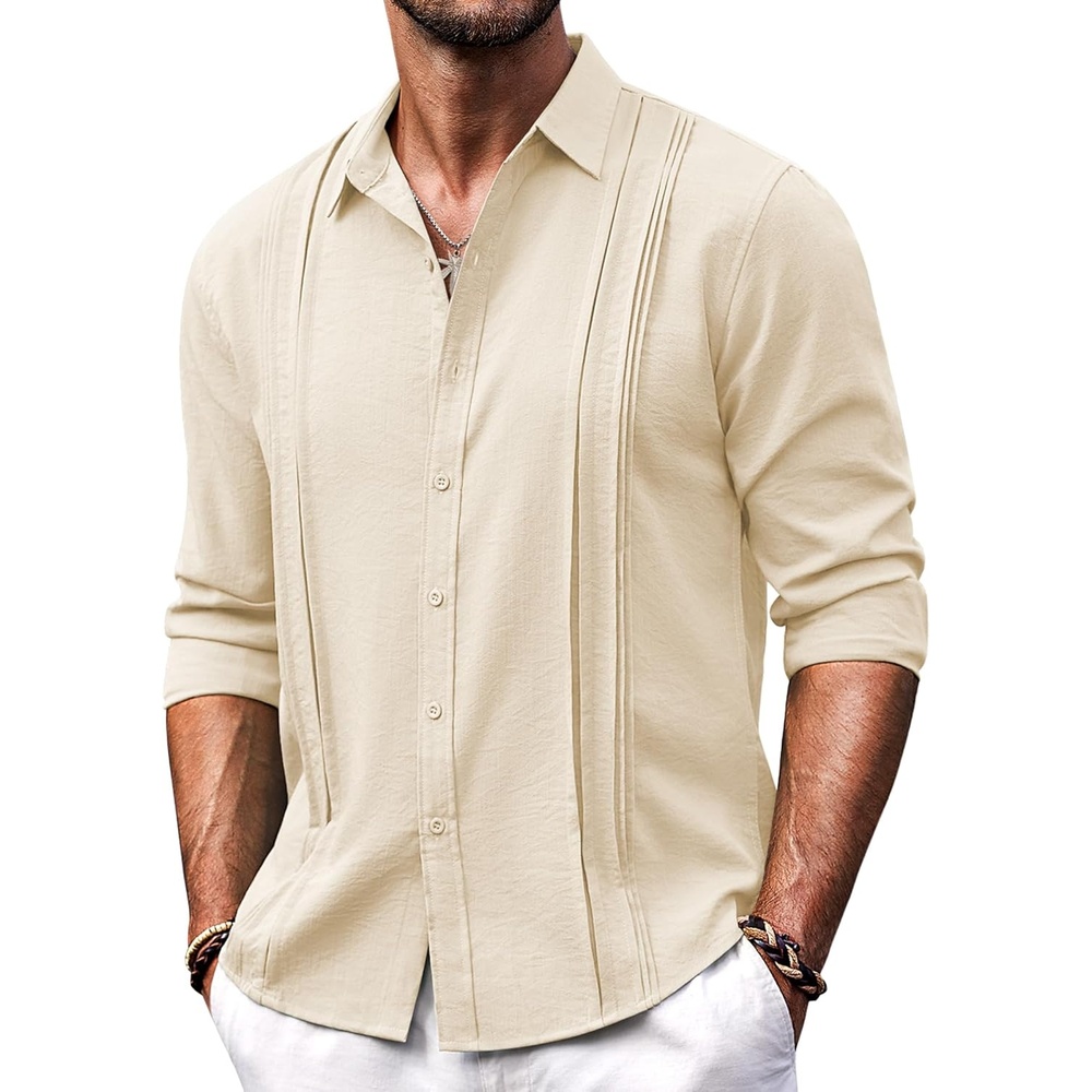 image:imageCOOFANDY Mens Beach Wedding Shirt Casual Long Sleeve Linen Shirts Lightweight Summer Button Up Shirts Beige