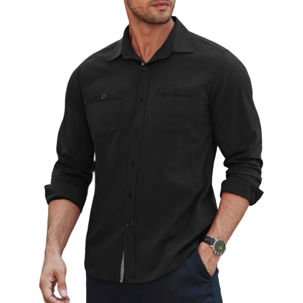 image:imageCOOFANDY Mens Shirt Slim Fit Dress Solid Button Down Work Business with Pockets 01Black Large Long Sleeve