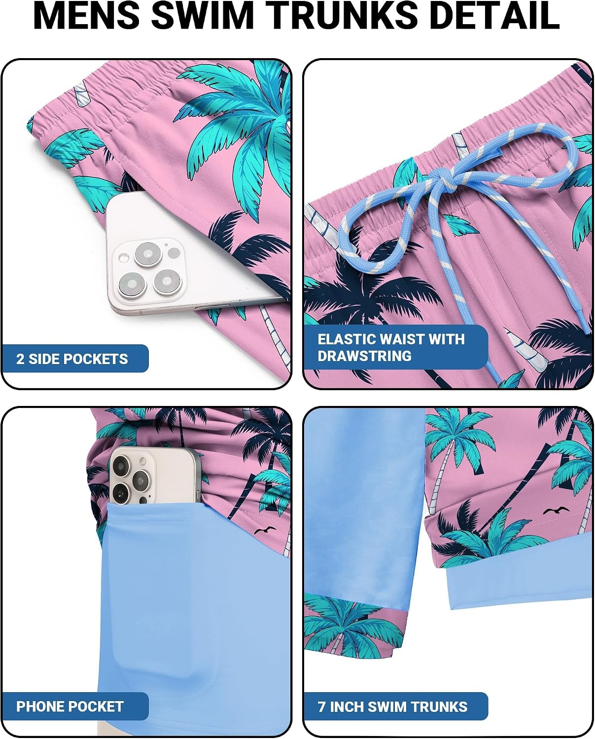 image:imageCOOFANDY 2 in 1 Mens Swim Trunks 7 Inch Quick Dry Board Shorts Beach Swim Shorts Bathing Suit with Compression LinerPink Tree