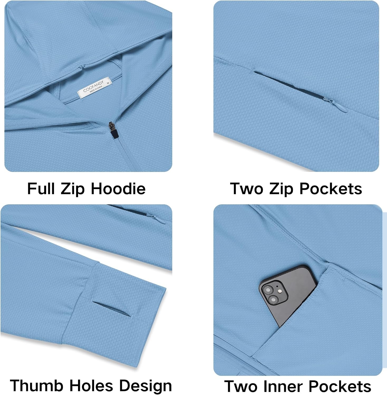 image:imageCOOFANDY FullZip Mens Lightweight Hoodie UPF 50 Breathable Sun Protection Jacket with Pockets for Golf Fishing HikingBlue