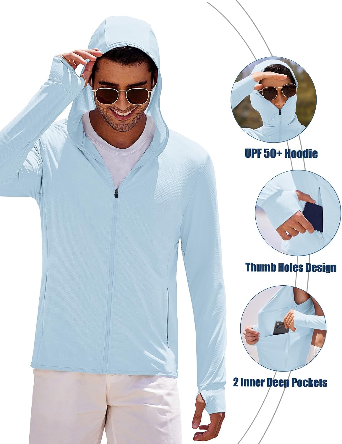 image:imageCOOFANDY FullZip Mens Lightweight Hoodie UPF 50 Breathable Sun Protection Jacket with Pockets for Golf Fishing HikingClear Blue