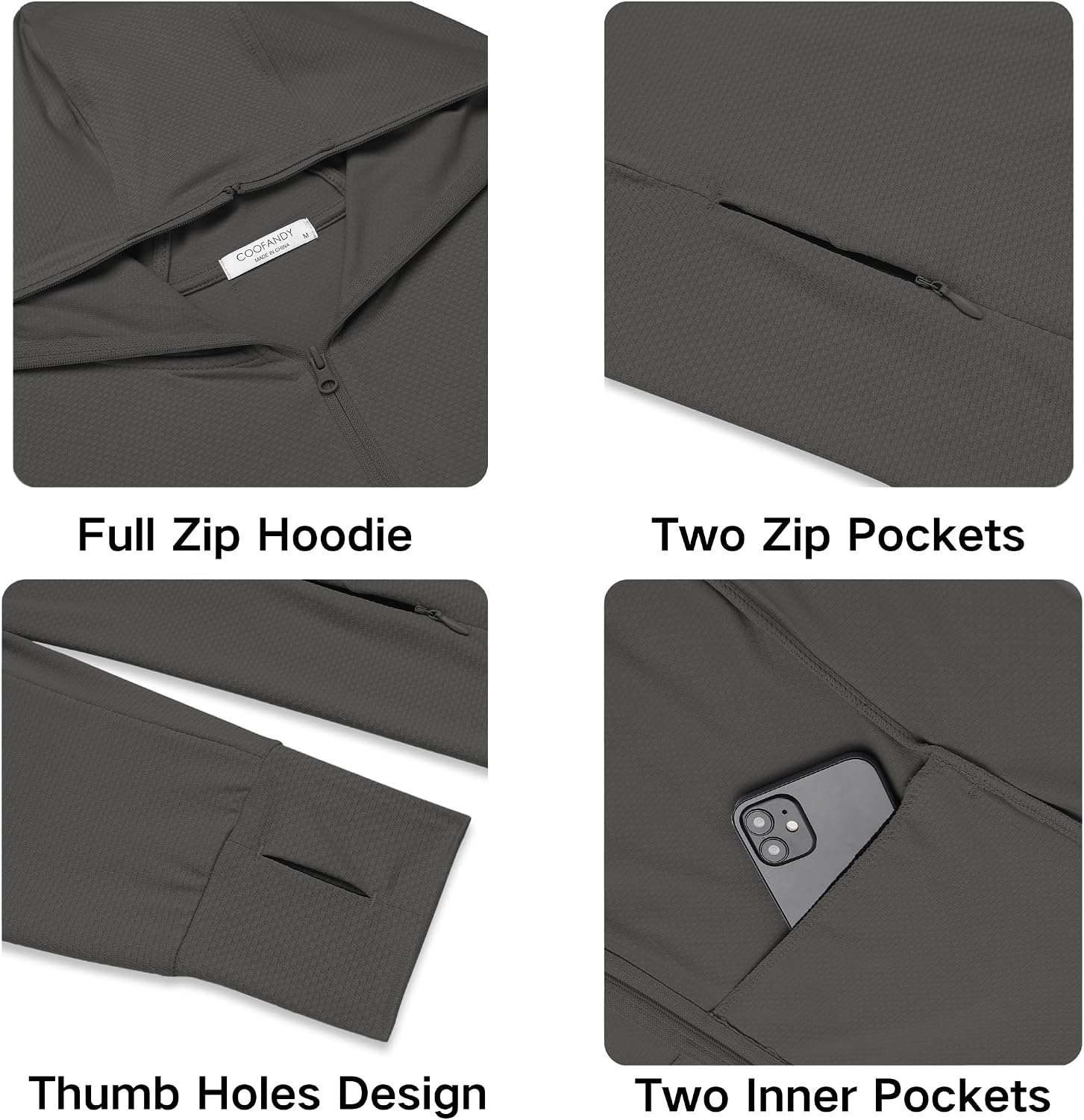 image:imageCOOFANDY FullZip Mens Lightweight Hoodie UPF 50 Breathable Sun Protection Jacket with Pockets for Golf Fishing HikingDark Grey