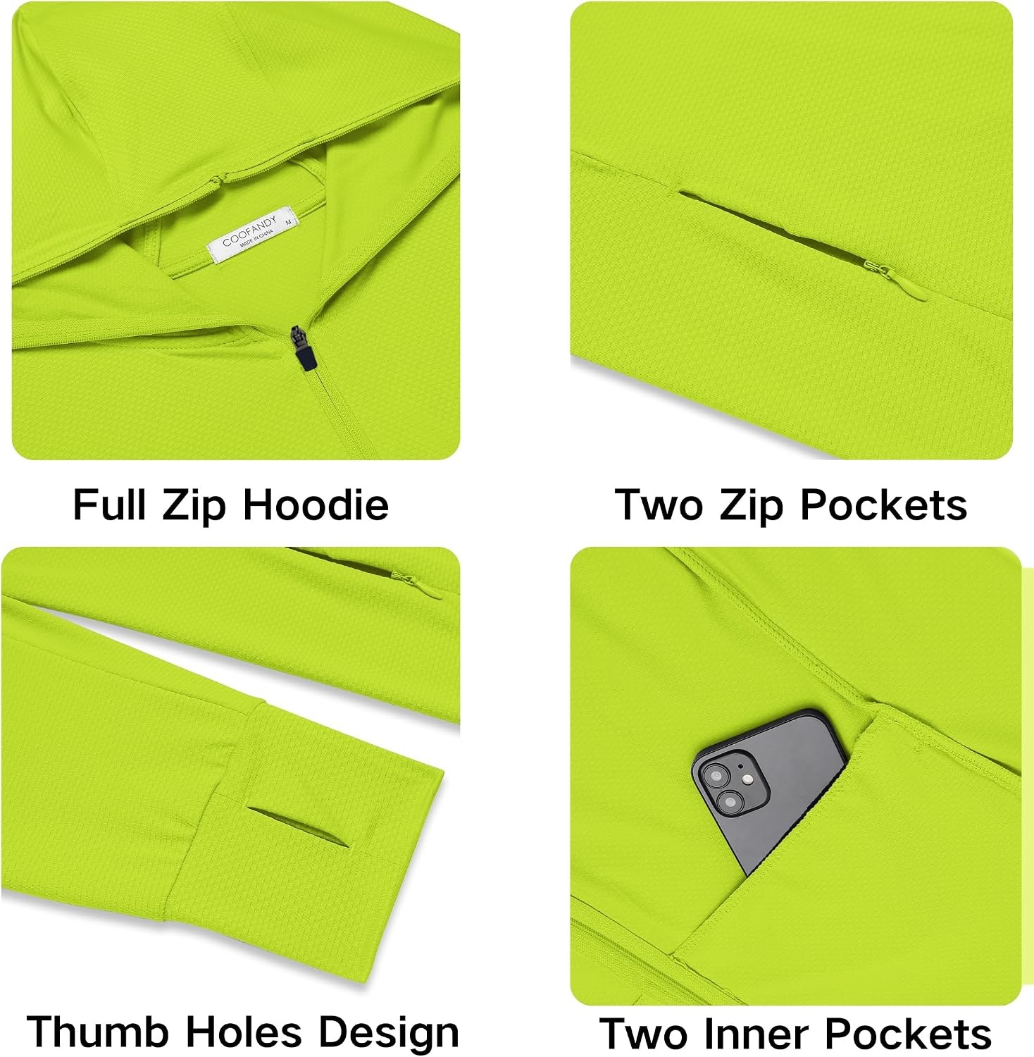 image:imageCOOFANDY FullZip Mens Lightweight Hoodie UPF 50 Breathable Sun Protection Jacket with Pockets for Golf Fishing HikingLemon Green