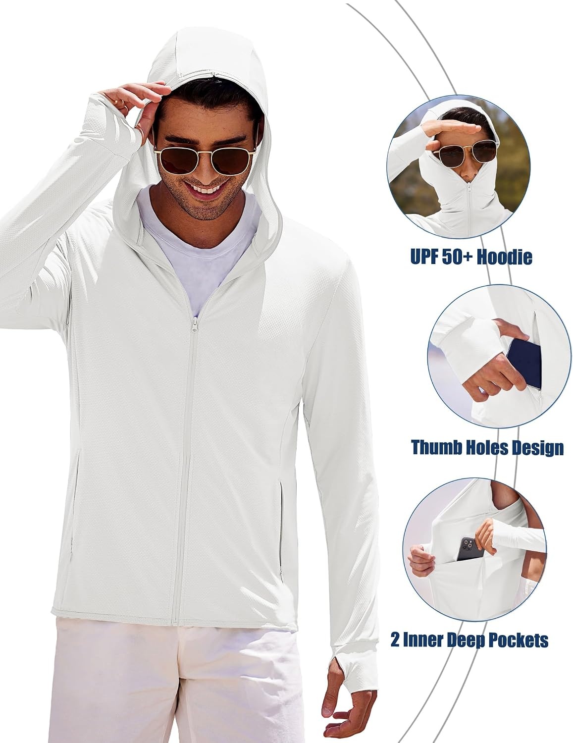 image:imageCOOFANDY FullZip Mens Lightweight Hoodie UPF 50 Breathable Sun Protection Jacket with Pockets for Golf Fishing HikingWhite