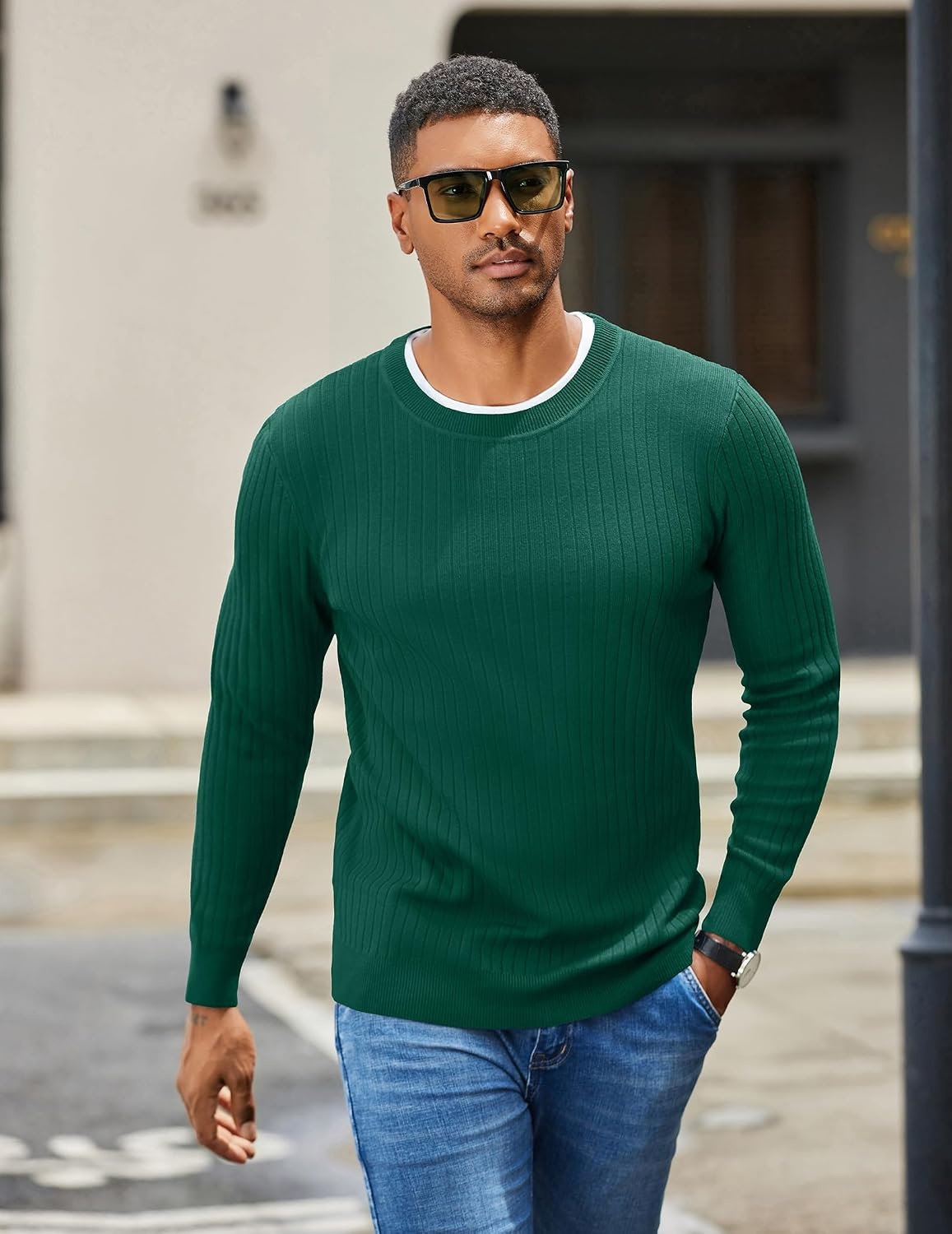 image:imageCOOFANDY Men Crew Neck Knit Sweaters Lightweight Knitted Sweaters Long Sleeve Pullover Sweater Casual Dress SweaterDark Green