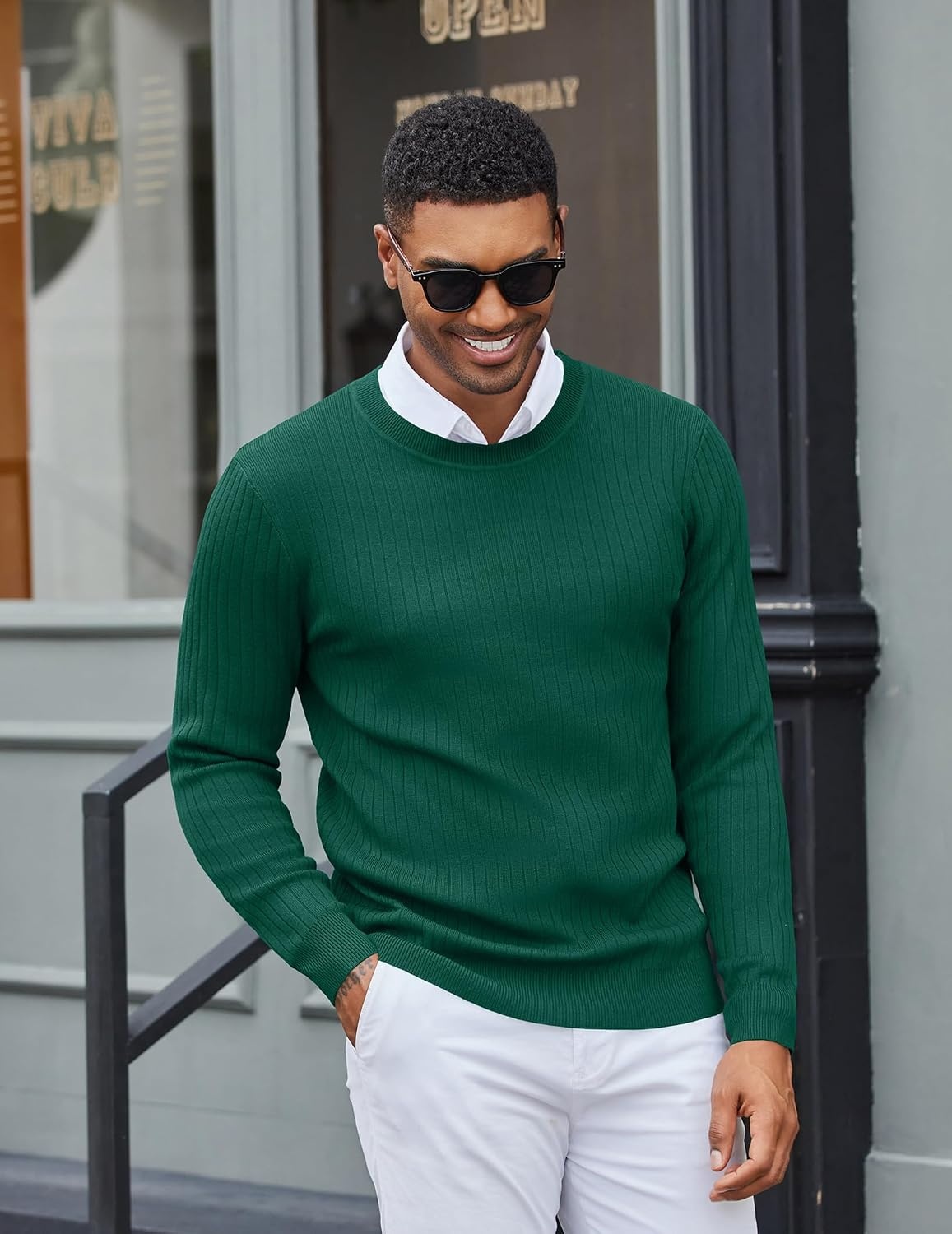 image:imageCOOFANDY Men Crew Neck Knit Sweaters Lightweight Knitted Sweaters Long Sleeve Pullover Sweater Casual Dress SweaterDark Green