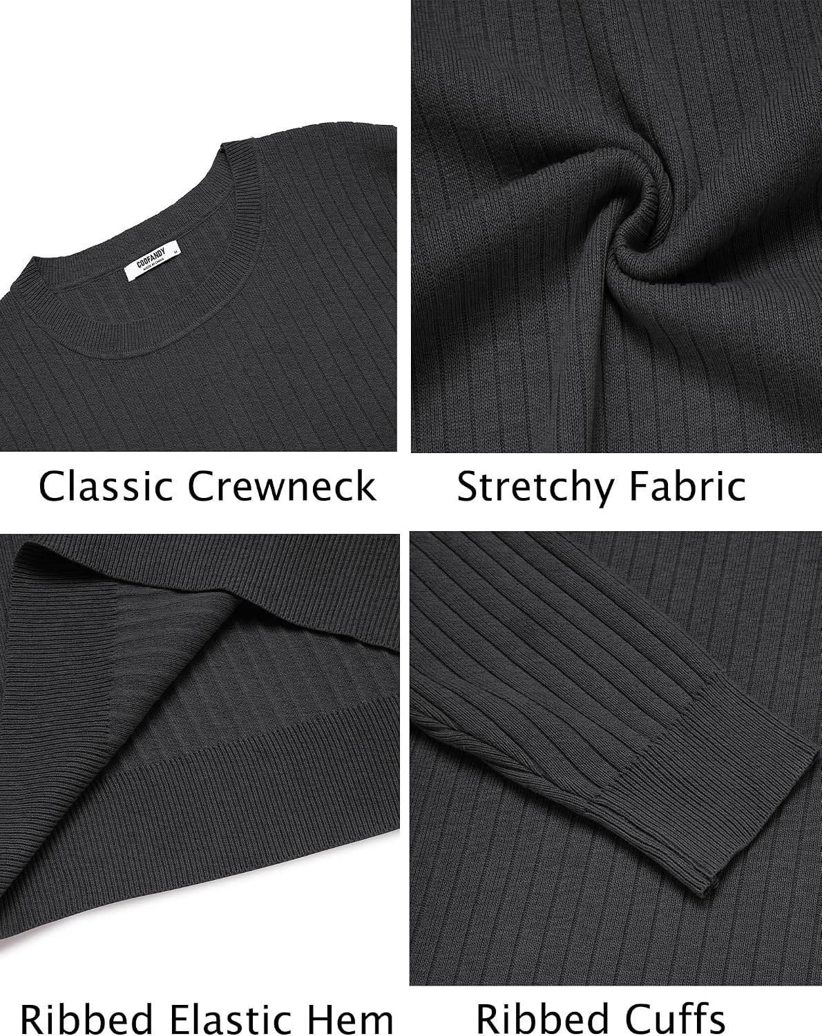 image:imageCOOFANDY Men Crew Neck Knit Sweaters Lightweight Knitted Sweaters Long Sleeve Pullover Sweater Casual Dress SweaterDark Grey