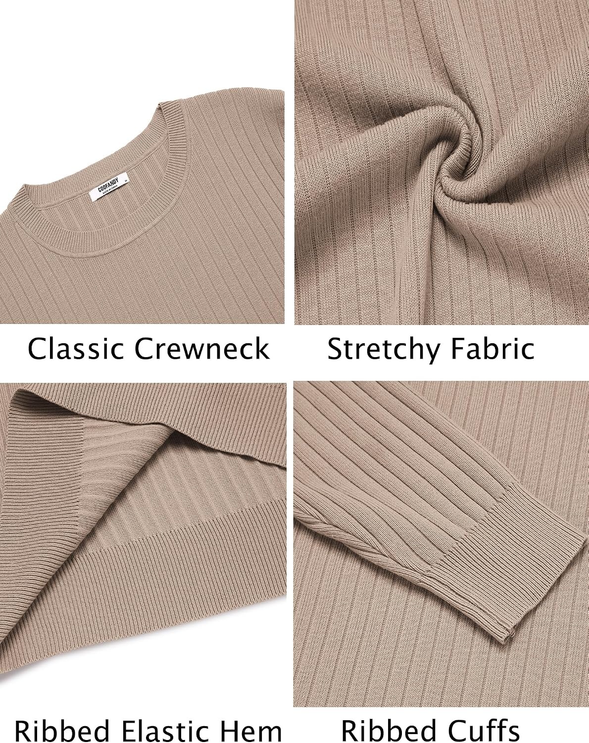 image:imageCOOFANDY Men Crew Neck Knit Sweaters Lightweight Knitted Sweaters Long Sleeve Pullover Sweater Casual Dress SweaterKhaki