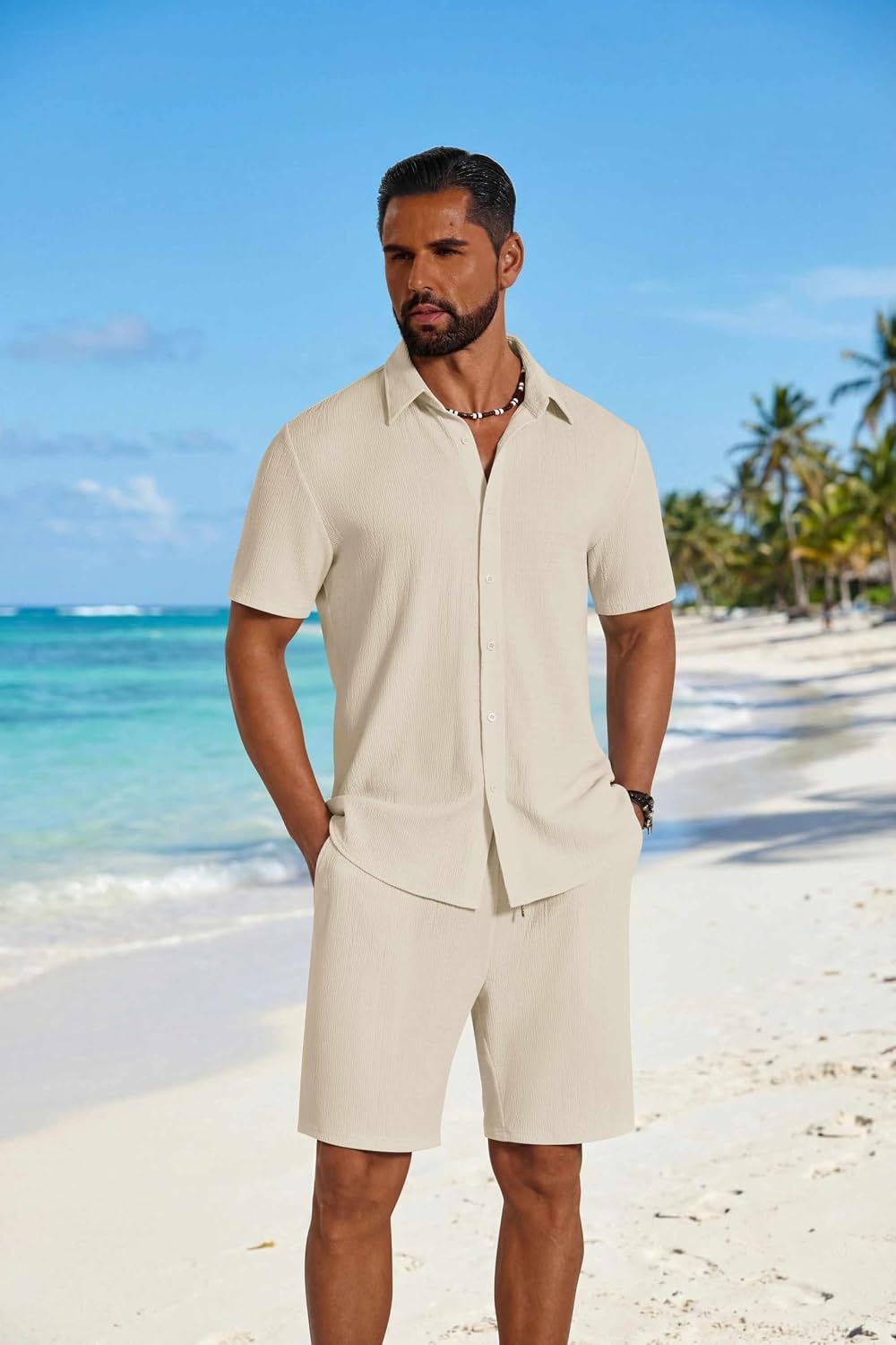 image:imageCOOFANDY Mens 2 Piece Outfit Casual Short Sleeve Button Down Shirt and Beach Shorts Set Summer Vacation Outfits for MenBeige