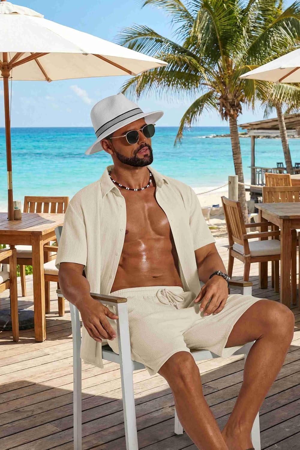image:imageCOOFANDY Mens 2 Piece Outfit Casual Short Sleeve Button Down Shirt and Beach Shorts Set Summer Vacation Outfits for MenBeige