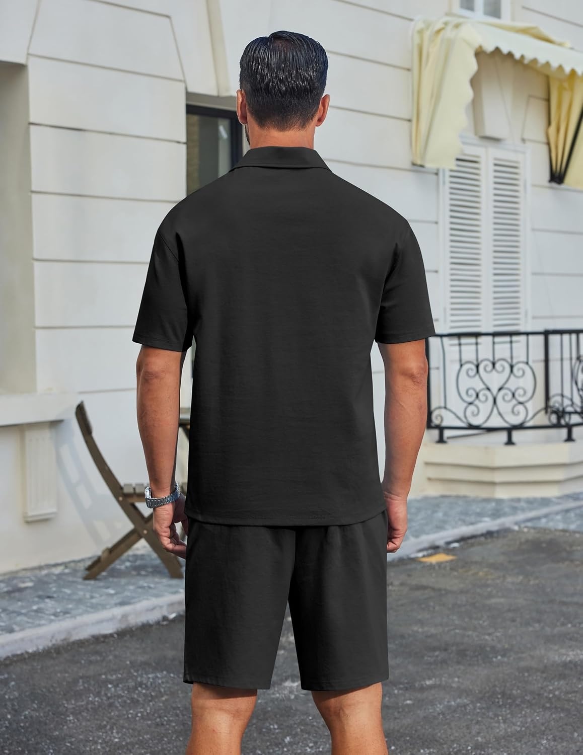 image:imageCOOFANDY Mens 2 Piece Outfits Casual Cotton Short Sleeve Polo Shirts and Shorts Sets Loose Fit Summer Athletic Track SuitsAll Black