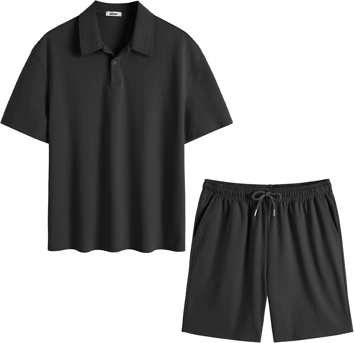 image:imageCOOFANDY Mens 2 Piece Outfits Casual Cotton Short Sleeve Polo Shirts and Shorts Sets Loose Fit Summer Athletic Track SuitsAll Black