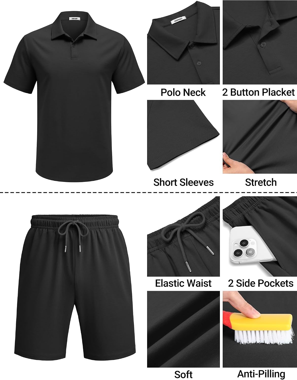 image:imageCOOFANDY Mens 2 Piece Outfits Casual Cotton Short Sleeve Polo Shirts and Shorts Sets Loose Fit Summer Athletic Track SuitsAll Black