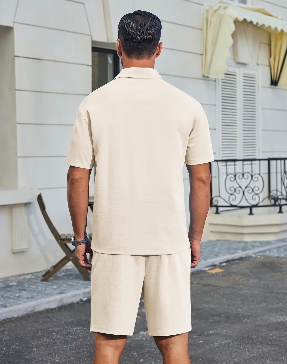 image:imageCOOFANDY Mens 2 Piece Outfits Casual Cotton Short Sleeve Polo Shirts and Shorts Sets Loose Fit Summer Athletic Track SuitsBeige