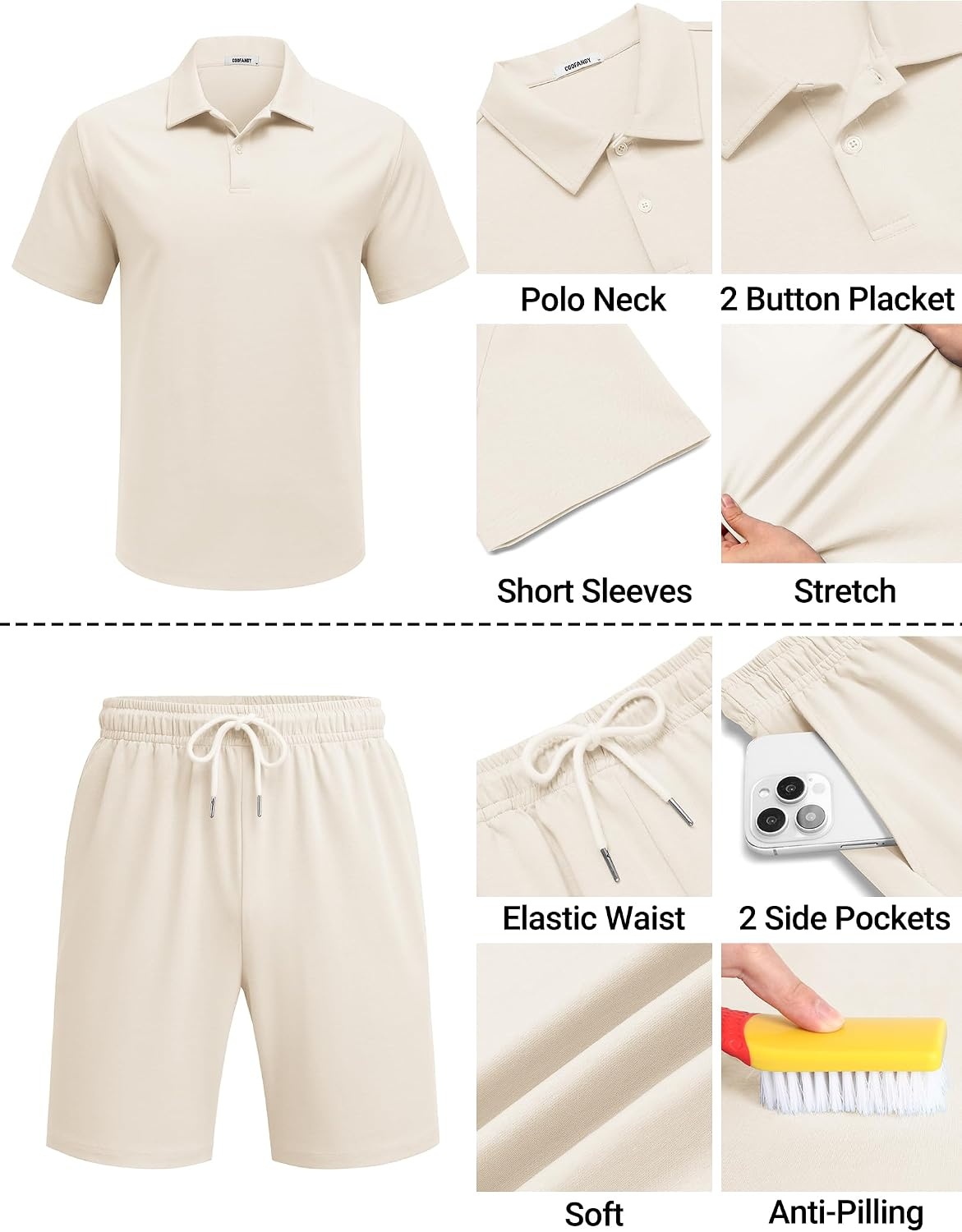 image:imageCOOFANDY Mens 2 Piece Outfits Casual Cotton Short Sleeve Polo Shirts and Shorts Sets Loose Fit Summer Athletic Track SuitsBeige