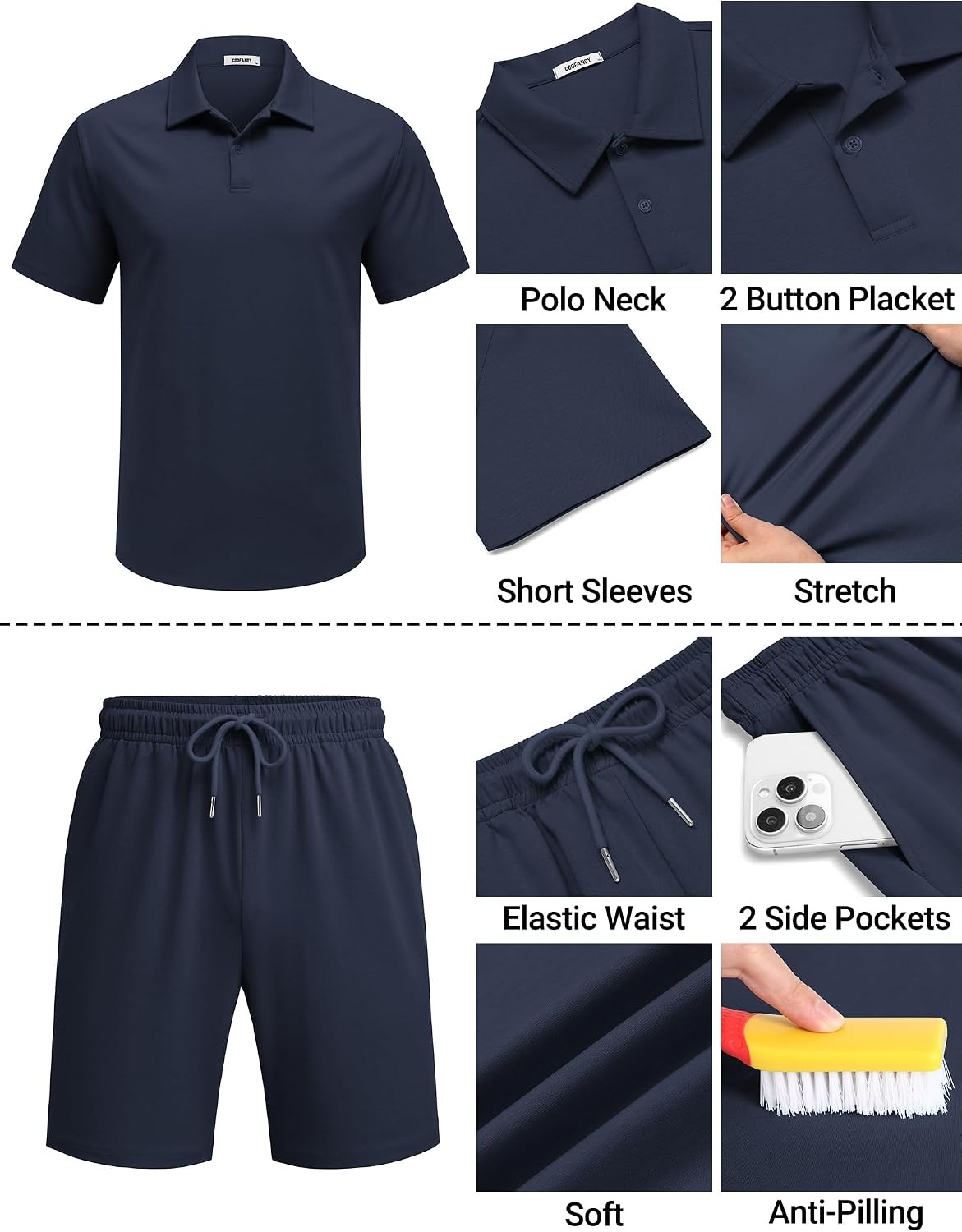 image:imageCOOFANDY Mens 2 Piece Outfits Casual Cotton Short Sleeve Polo Shirts and Shorts Sets Loose Fit Summer Athletic Track SuitsDark Blue