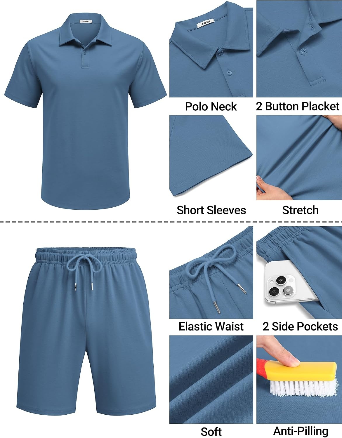 image:imageCOOFANDY Mens 2 Piece Outfits Casual Cotton Short Sleeve Polo Shirts and Shorts Sets Loose Fit Summer Athletic Track SuitsGrey Blue