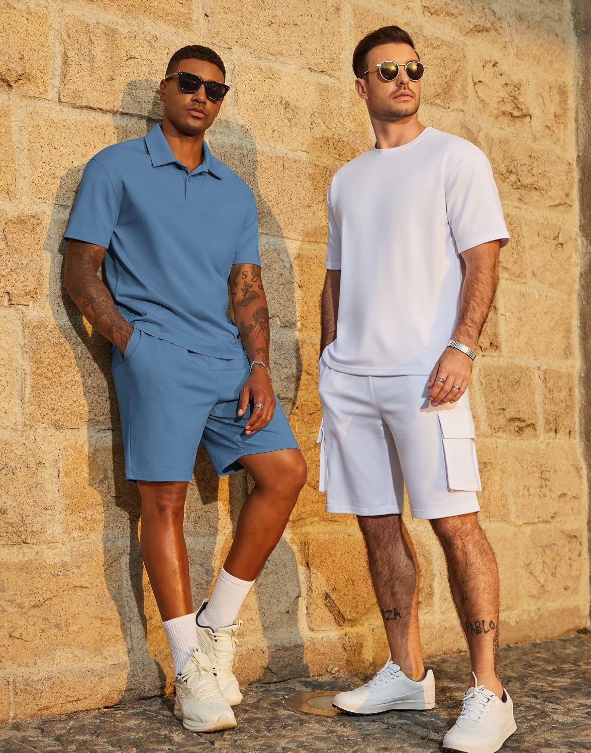 image:imageCOOFANDY Mens 2 Piece Outfits Casual Cotton Short Sleeve Polo Shirts and Shorts Sets Loose Fit Summer Athletic Track SuitsGrey Blue