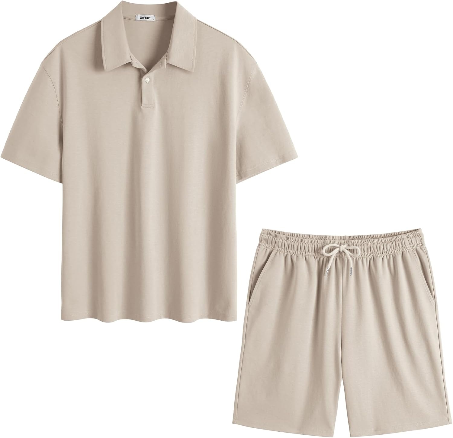 image:imageCOOFANDY Mens 2 Piece Outfits Casual Cotton Short Sleeve Polo Shirts and Shorts Sets Loose Fit Summer Athletic Track SuitsKhaki
