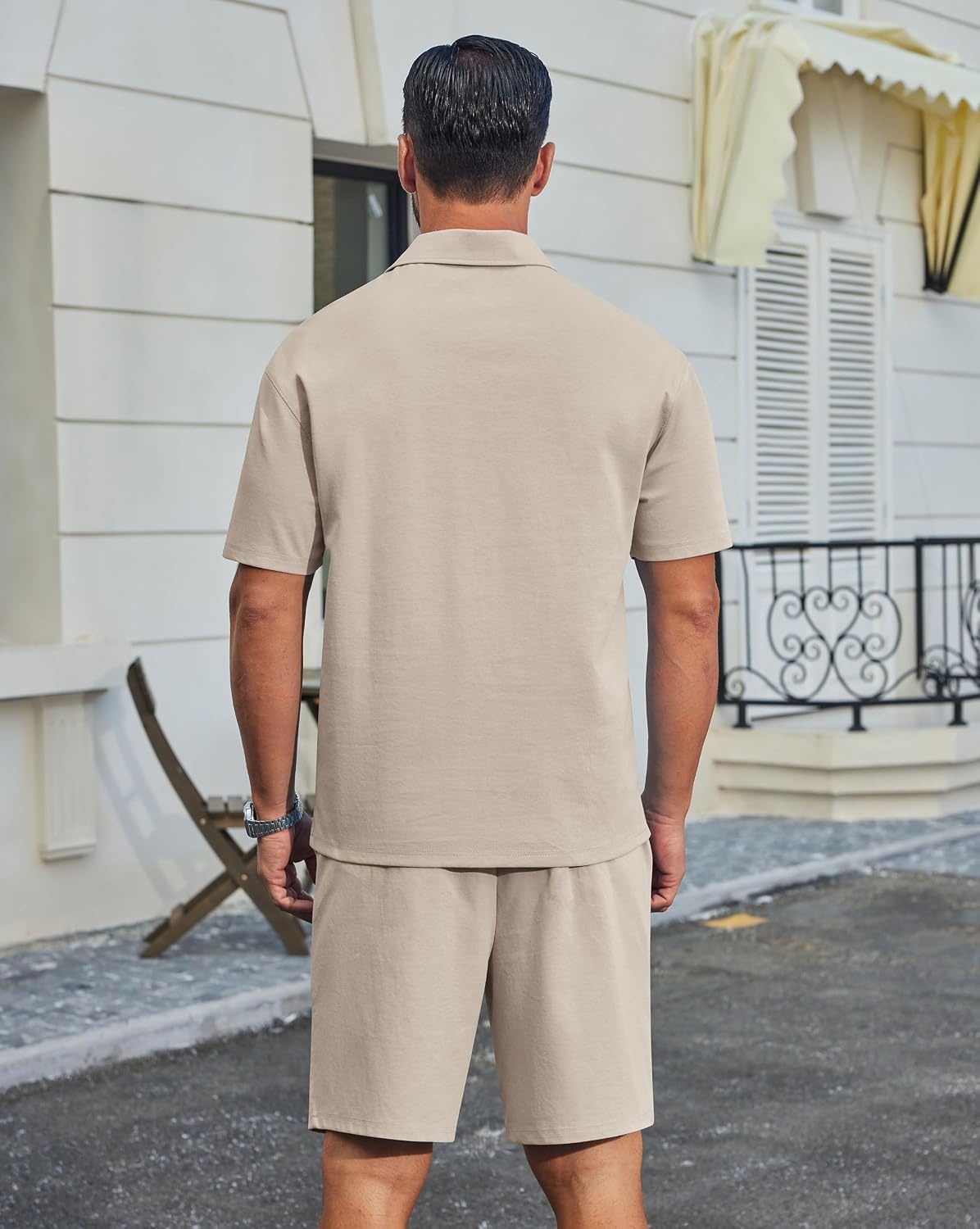 image:imageCOOFANDY Mens 2 Piece Outfits Casual Cotton Short Sleeve Polo Shirts and Shorts Sets Loose Fit Summer Athletic Track SuitsKhaki