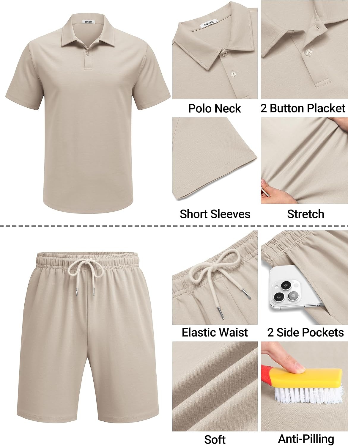 image:imageCOOFANDY Mens 2 Piece Outfits Casual Cotton Short Sleeve Polo Shirts and Shorts Sets Loose Fit Summer Athletic Track SuitsKhaki