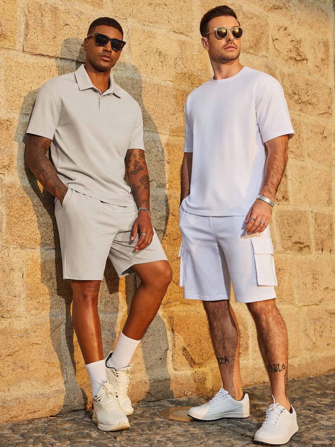 image:imageCOOFANDY Mens 2 Piece Outfits Casual Cotton Short Sleeve Polo Shirts and Shorts Sets Loose Fit Summer Athletic Track SuitsKhaki