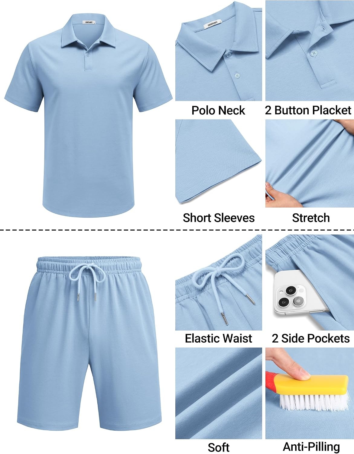 image:imageCOOFANDY Mens 2 Piece Outfits Casual Cotton Short Sleeve Polo Shirts and Shorts Sets Loose Fit Summer Athletic Track SuitsLight Blue