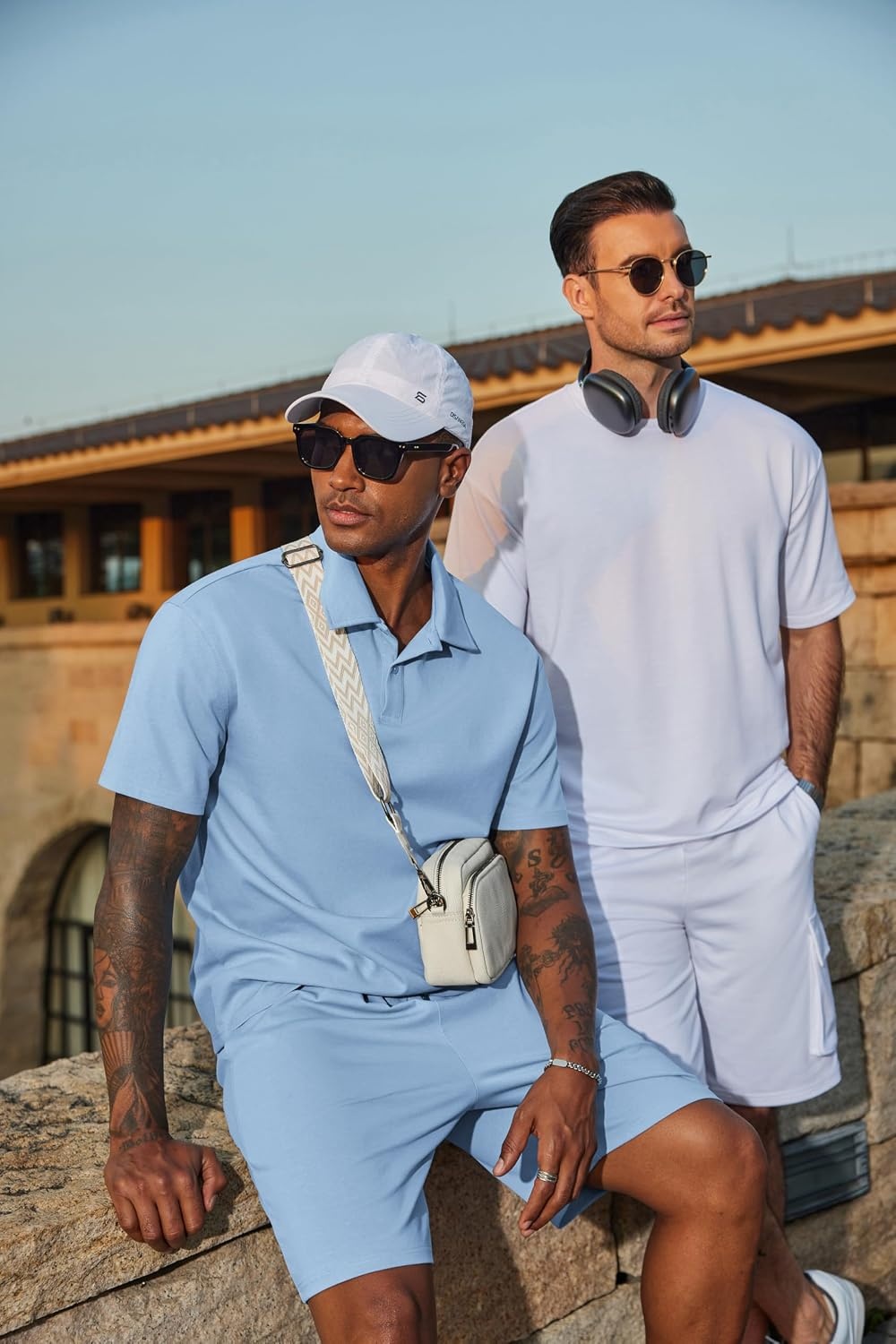 image:imageCOOFANDY Mens 2 Piece Outfits Casual Cotton Short Sleeve Polo Shirts and Shorts Sets Loose Fit Summer Athletic Track SuitsLight Blue