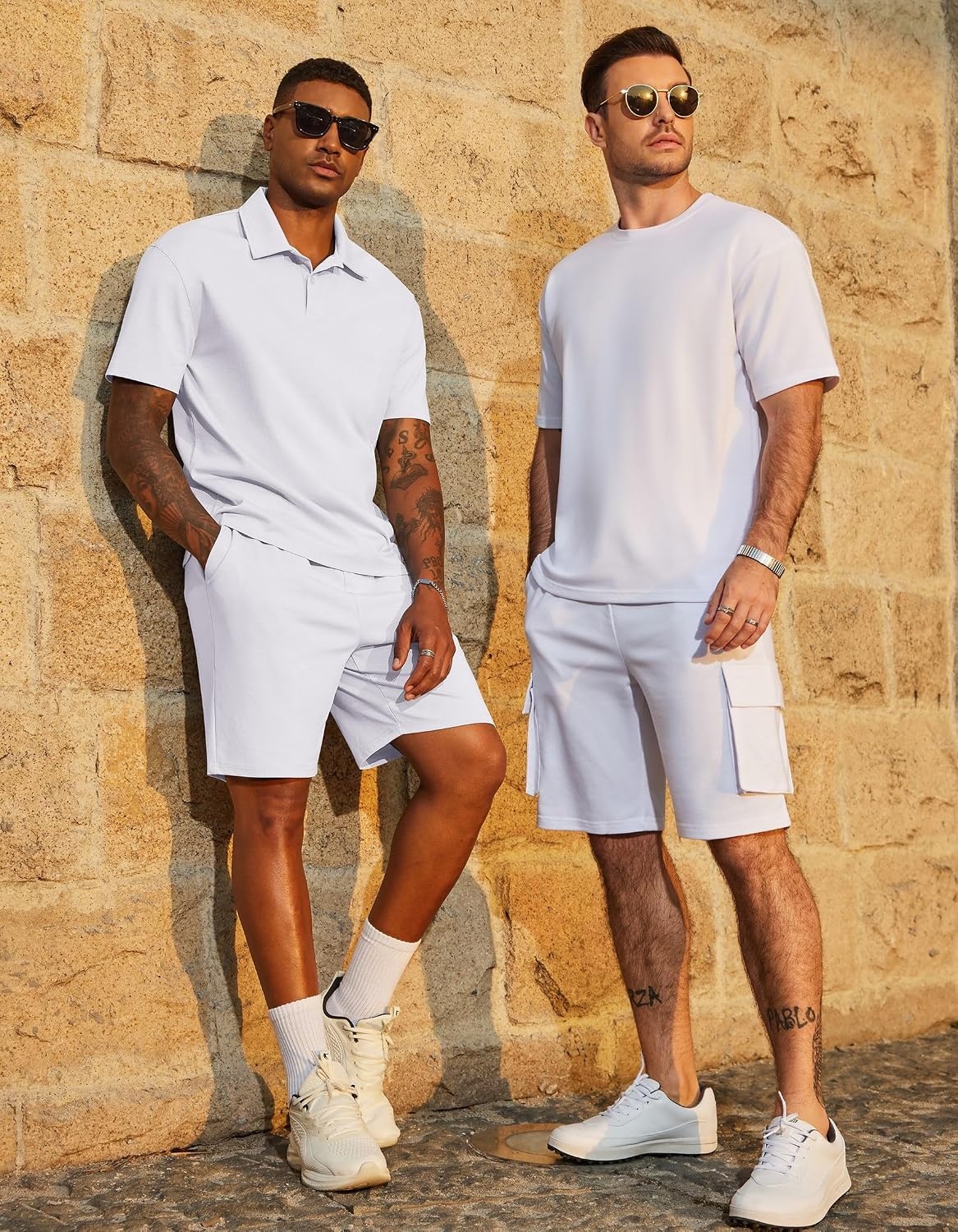 image:imageCOOFANDY Mens 2 Piece Outfits Casual Cotton Short Sleeve Polo Shirts and Shorts Sets Loose Fit Summer Athletic Track SuitsWhite