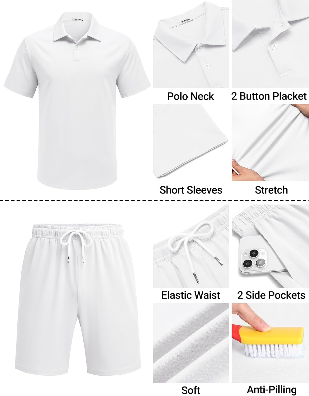 image:imageCOOFANDY Mens 2 Piece Outfits Casual Cotton Short Sleeve Polo Shirts and Shorts Sets Loose Fit Summer Athletic Track SuitsWhite