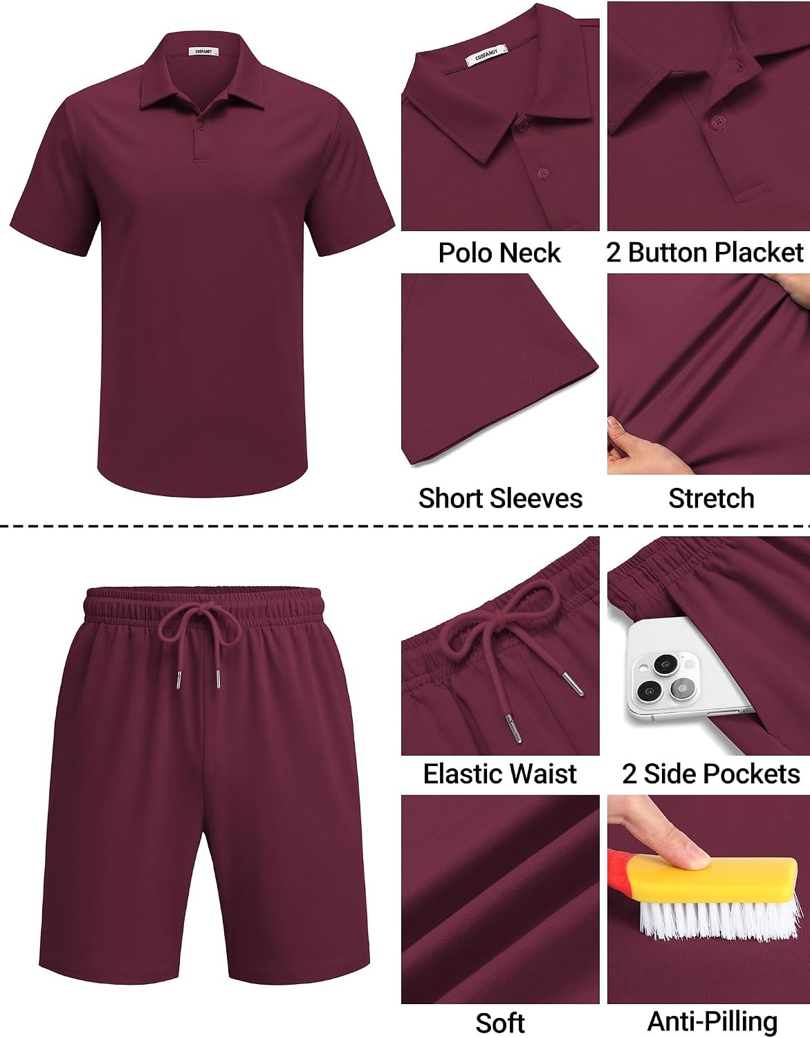 image:imageCOOFANDY Mens 2 Piece Outfits Casual Cotton Short Sleeve Polo Shirts and Shorts Sets Loose Fit Summer Athletic Track SuitsWine Red