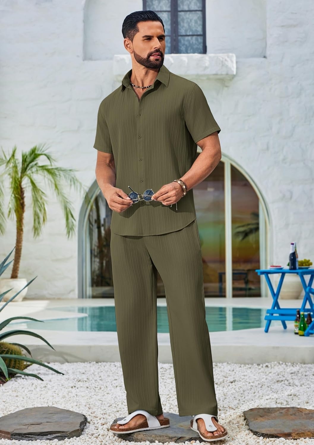 image:imageCOOFANDY Mens 2 Piece Outfits Casual Summer Beach Textured Button Down Shirt Loose Pants SetArmy Green
