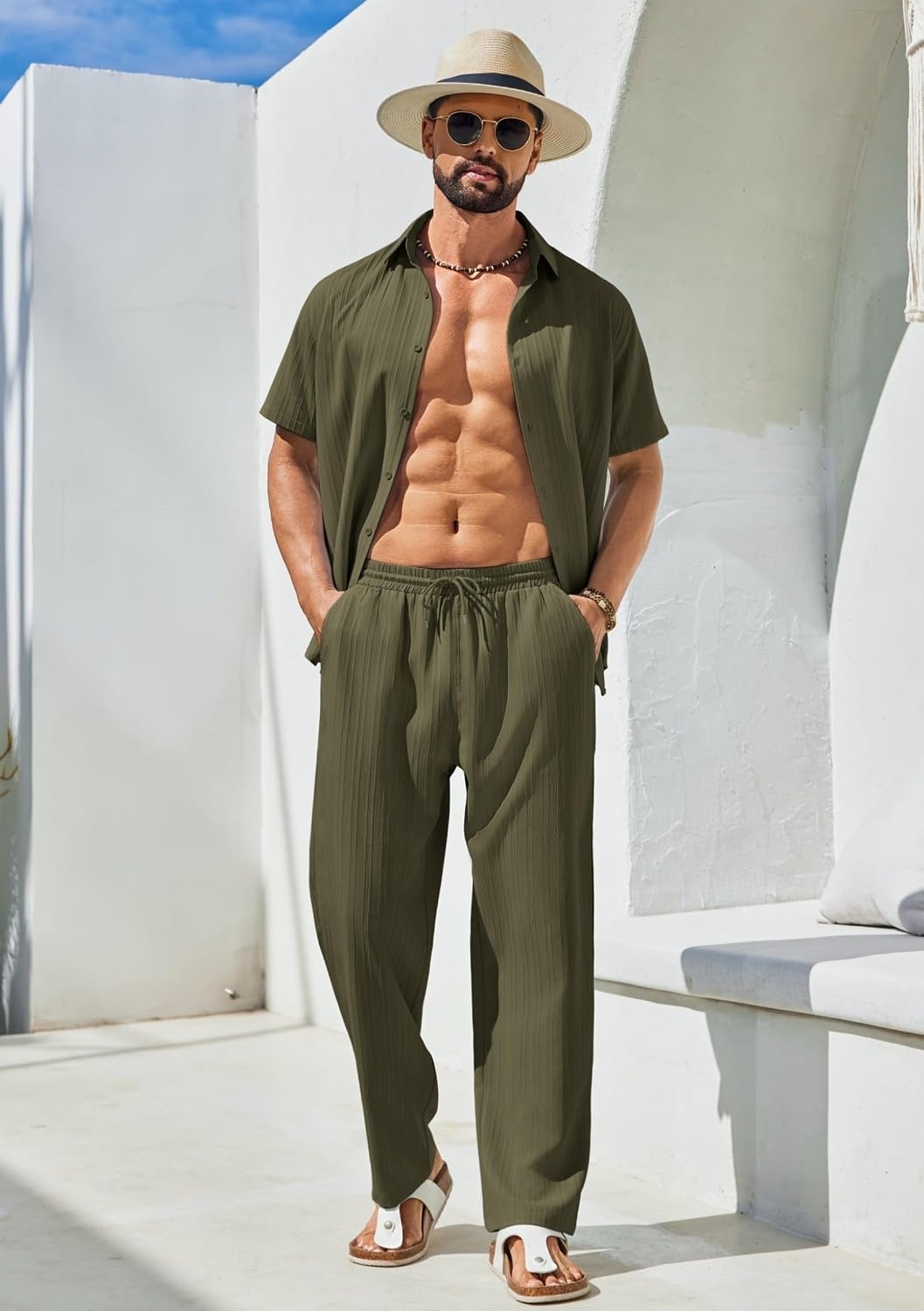 image:imageCOOFANDY Mens 2 Piece Outfits Casual Summer Beach Textured Button Down Shirt Loose Pants SetArmy Green